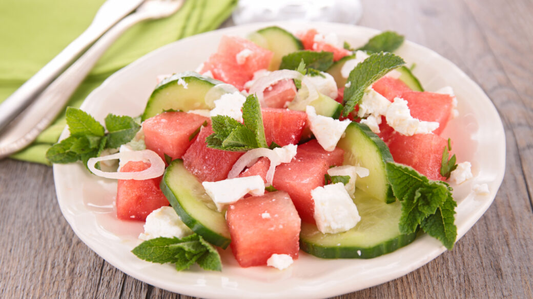 Watermelon strawberry caprese salad