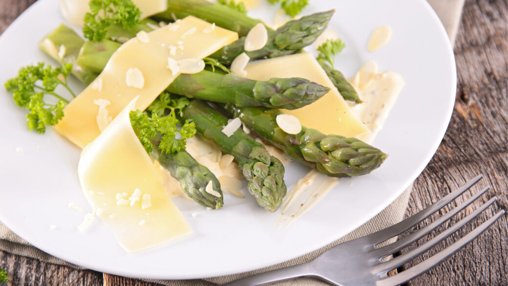 Grilled asparagus with almonds, butter and Parmesan cheese
