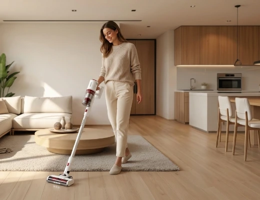Eine Frau staubsaugt im Wohnzimmer