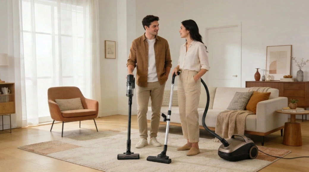 Ein Pärchen im Wohnzimmer mit Staubsaugern in der Hand