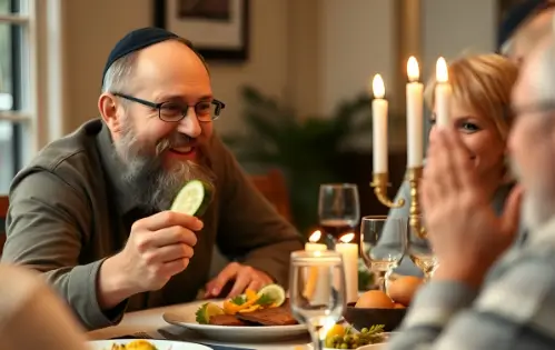 Eine Familie und ein Rabbiner an einem Tisch zu Sabbat.