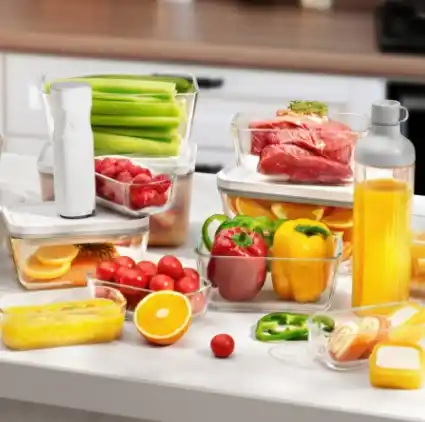 Obst und Gemüse in Frischhalteboxen auf einem Küchentresen.