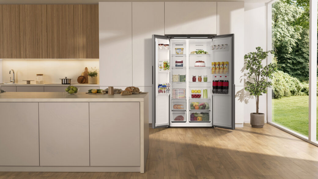 Refrigerator with energy-saving icon, representing efficient cooling and vacation energy reduction mode.